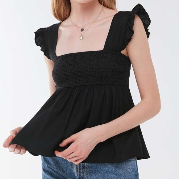 Urban Outfitters Black Smocked ruffle top blouse L